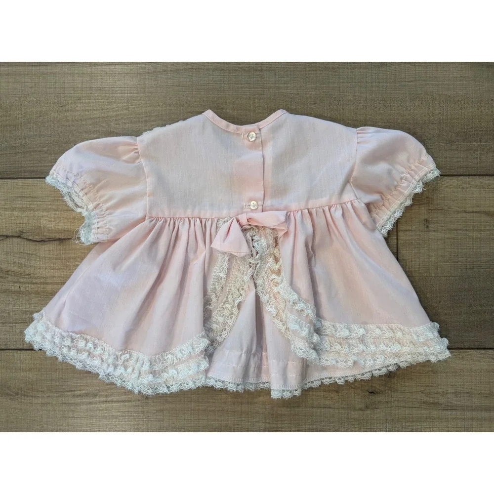 Unbranded Vintage Style Lace Trim Baby‎ Top 6-9M Pink Floral Embroidery Bow girl